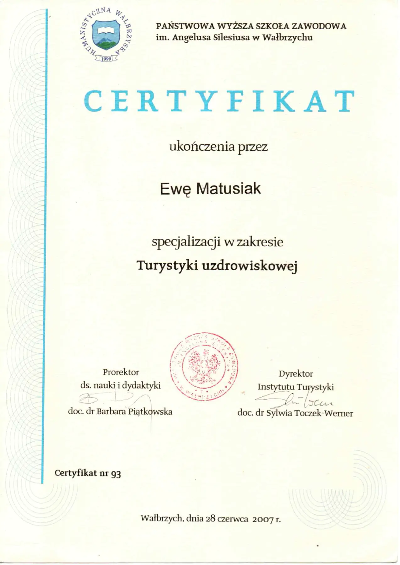 Skan certyfikatu specjalizacji w zakresie turystyki uzdrowiskowej